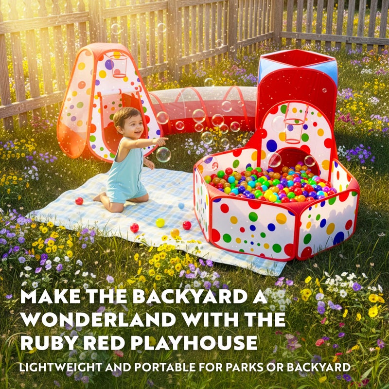 Playz 5-Piece Kids Play Tents Crawl Tunnels and Ball Pit Popup Bounce Playhouse Tent with Basketball Hoop for Indoor and Outdoor Use with Red Carrying Case - Image 2